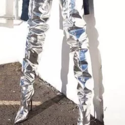 Silver Thigh High Boots Womens Patent Leather Pointed Toe Bright Leather Stiletto Heel Boots