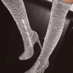 Thigh High Boots Womens Silver Sequined Cloth Pointed Toe Stiletto Heel Over The Knee Boots