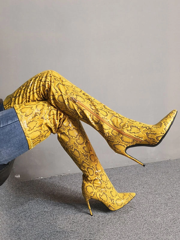 Over The Knee Boots Womens Yellow Snake Print Pointed Toe Stiletto Heel Thigh High Boots 6 Over The Knee Boots Womens Yellow Snake Print Pointed Toe Stiletto Heel Thigh High Boots - Image 4