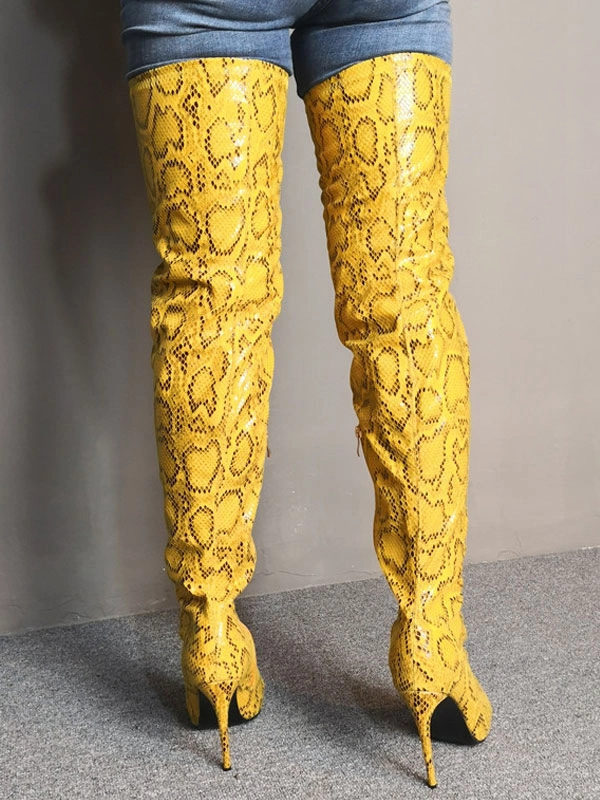 Over The Knee Boots Womens Yellow Snake Print Pointed Toe Stiletto Heel Thigh High Boots 7 Over The Knee Boots Womens Yellow Snake Print Pointed Toe Stiletto Heel Thigh High Boots - Image 5