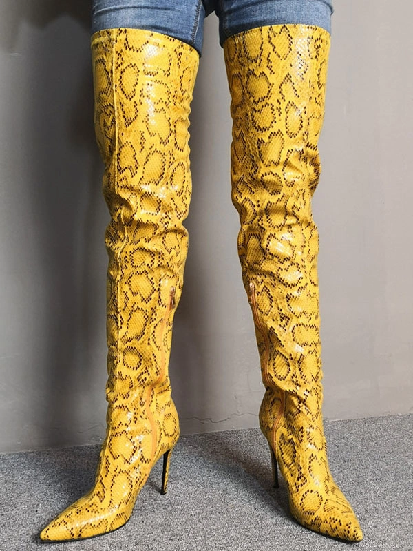 Over The Knee Boots Womens Yellow Snake Print Pointed Toe Stiletto Heel Thigh High Boots 8 Over The Knee Boots Womens Yellow Snake Print Pointed Toe Stiletto Heel Thigh High Boots - Image 6