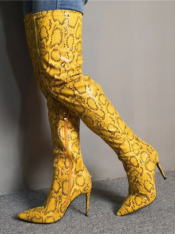 Over The Knee Boots Womens Yellow Snake Print Pointed Toe Stiletto Heel Thigh High Boots 4 Over The Knee Boots Womens Yellow Snake Print Pointed Toe Stiletto Heel Thigh High Boots - Image 2