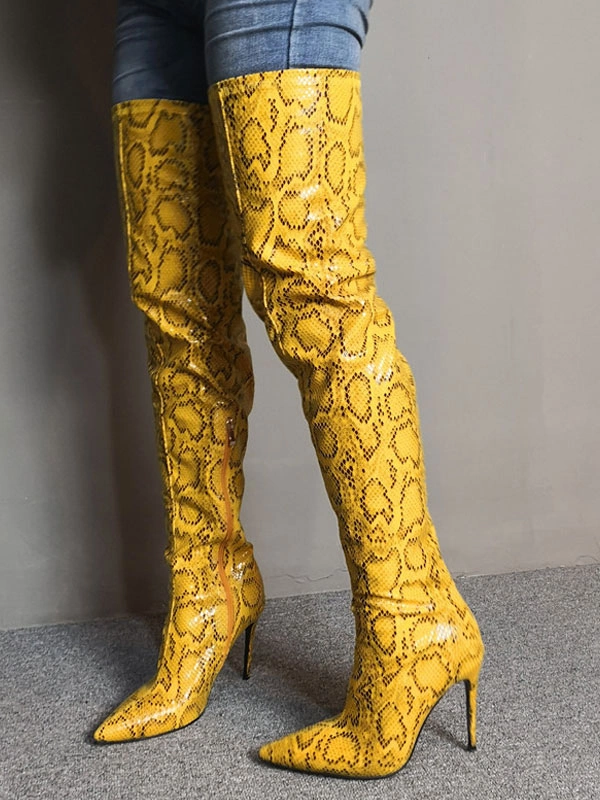 Over The Knee Boots Womens Yellow Snake Print Pointed Toe Stiletto Heel Thigh High Boots 5 Over The Knee Boots Womens Yellow Snake Print Pointed Toe Stiletto Heel Thigh High Boots - Image 3