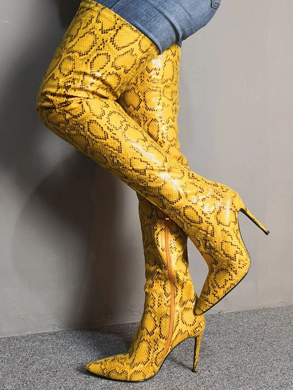 Over The Knee Boots Womens Yellow Snake Print Pointed Toe Stiletto Heel Thigh High Boots 3 Over The Knee Boots Womens Yellow Snake Print Pointed Toe Stiletto Heel Thigh High Boots
