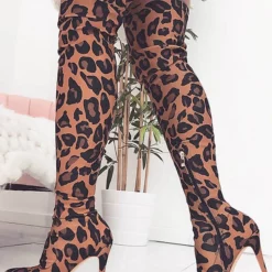 Thigh High Boots Womens Micro Suede Leopard Print Pointed Toe Stiletto Heel Over The Knee Boots -UK Winter Shoes Sales 2023 201910301435151943484