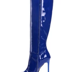 Knee High Boots Womens Blue Patent Pointed Toe Stiletto Heel Daily Casual Bright Leather Winter Boots