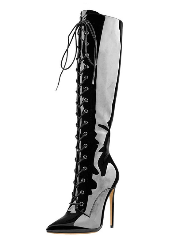 Knee High Boots Womens Black Patent Lace Up Pointed Toe Stiletto Heel Boots 3 Knee High Boots Womens Black Patent Lace Up Pointed Toe Stiletto Heel Boots