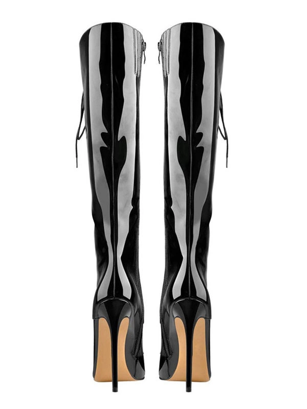 Knee High Boots Womens Black Patent Lace Up Pointed Toe Stiletto Heel Boots 6 Knee High Boots Womens Black Patent Lace Up Pointed Toe Stiletto Heel Boots - Image 4