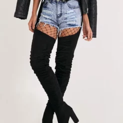 Thigh High Boots Womens Micro Suede Black Buckled Round Toe Chunky Heel Boots -UK Winter Shoes Sales 2023 202005201749180075747