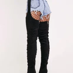 Thigh High Boots Womens Micro Suede Black Buckled Round Toe Chunky Heel Boots -UK Winter Shoes Sales 2023 202005201749186076896