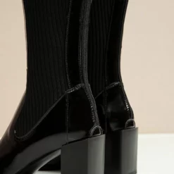 Knee-High Boots Cowhide Black Square Toe Chunky Heel Bright Leather Cowhide Women's Knee Boots 18 Knee-High Boots Cowhide Black Square Toe Chunky Heel Bright Leather Cowhide Women's Knee Boots -UK Winter Shoes Sales 2023 202007161745349186664