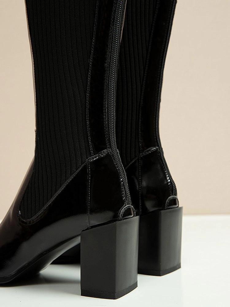 Knee-High Boots Cowhide Black Square Toe Chunky Heel Bright Leather Cowhide Women's Knee Boots 10 Knee-High Boots Cowhide Black Square Toe Chunky Heel Bright Leather Cowhide Women's Knee Boots - Image 8