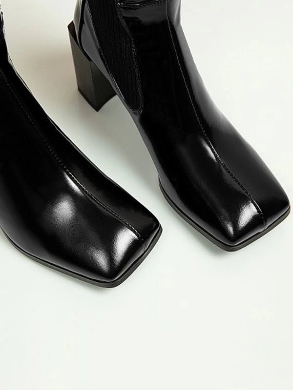 Knee-High Boots Cowhide Black Square Toe Chunky Heel Bright Leather Cowhide Women's Knee Boots 9 Knee-High Boots Cowhide Black Square Toe Chunky Heel Bright Leather Cowhide Women's Knee Boots - Image 7