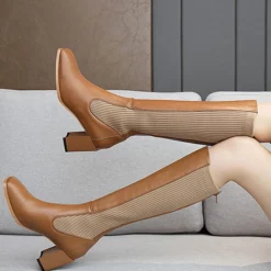 Knee-High Boots Cowhide Black Square Toe Chunky Heel Bright Leather Cowhide Women's Knee Boots 15 Knee-High Boots Cowhide Black Square Toe Chunky Heel Bright Leather Cowhide Women's Knee Boots -UK Winter Shoes Sales 2023 202007161745361666408