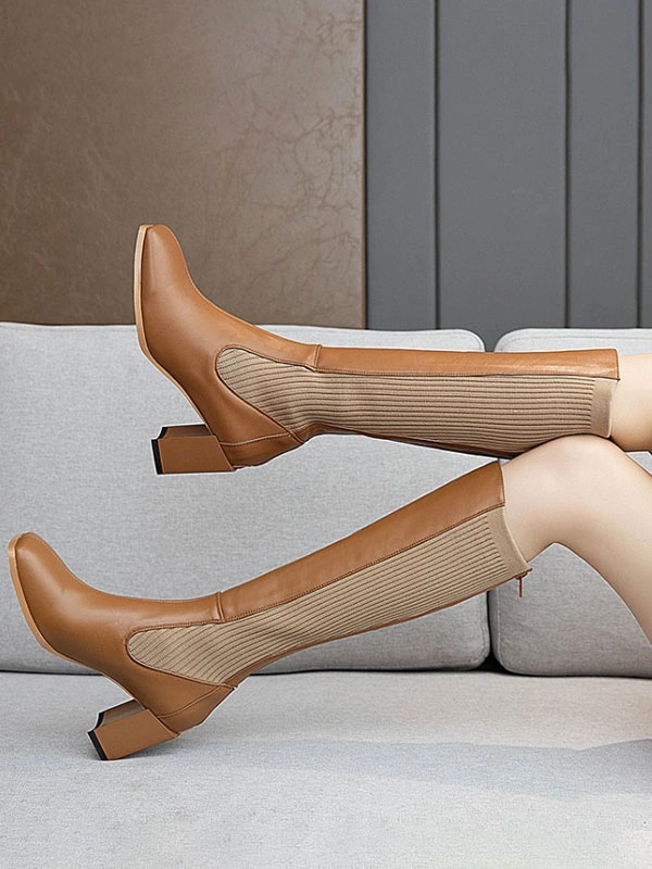 Knee-High Boots Cowhide Black Square Toe Chunky Heel Bright Leather Cowhide Women's Knee Boots 7 Knee-High Boots Cowhide Black Square Toe Chunky Heel Bright Leather Cowhide Women's Knee Boots - Image 5