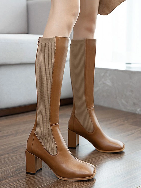 Knee-High Boots Cowhide Black Square Toe Chunky Heel Bright Leather Cowhide Women's Knee Boots 8 Knee-High Boots Cowhide Black Square Toe Chunky Heel Bright Leather Cowhide Women's Knee Boots - Image 6