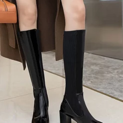 Knee-High Boots Cowhide Black Square Toe Chunky Heel Bright Leather Cowhide Women's Knee Boots 13 Knee-High Boots Cowhide Black Square Toe Chunky Heel Bright Leather Cowhide Women's Knee Boots -UK Winter Shoes Sales 2023 202007161745368528363