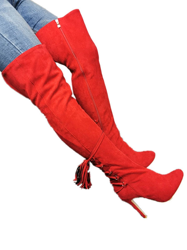 Over The Knee Boots Red Pointed Toe Zipper High Heel Thigh High Boots 8 Over The Knee Boots Red Pointed Toe Zipper High Heel Thigh High Boots - Image 6