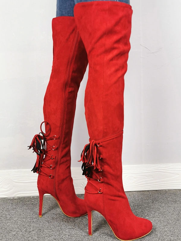 Over The Knee Boots Red Pointed Toe Zipper High Heel Thigh High Boots 6 Over The Knee Boots Red Pointed Toe Zipper High Heel Thigh High Boots - Image 4