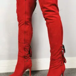 Over The Knee Boots Red Pointed Toe Zipper High Heel Thigh High Boots