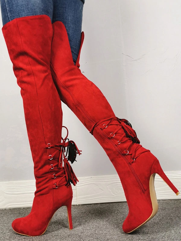 Over The Knee Boots Red Pointed Toe Zipper High Heel Thigh High Boots 4 Over The Knee Boots Red Pointed Toe Zipper High Heel Thigh High Boots - Image 2