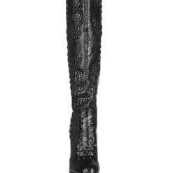 Knee-High Boots Black Round Toe Chunky Heel Snakeskin Leather Knee Length Boots -UK Winter Shoes Sales 2023 202008061152184043764