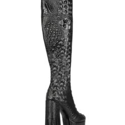 Knee-High Boots Black Round Toe Chunky Heel Snakeskin Leather Knee Length Boots -UK Winter Shoes Sales 2023 202008061152189421466