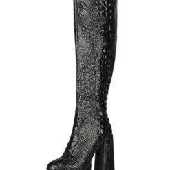 Knee-High Boots Black Round Toe Chunky Heel Snakeskin Leather Knee Length Boots