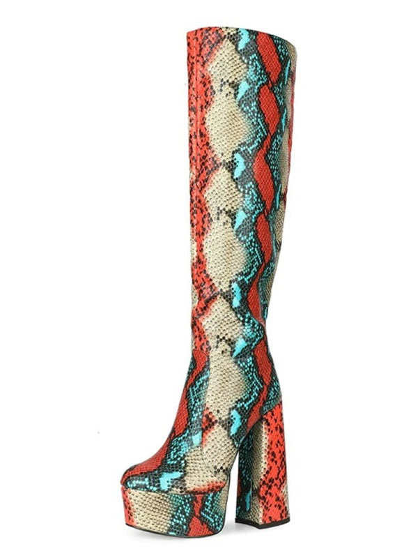 Knee-High Boots Red Round Toe Chunky Heel Snakeskin Leather Knee Length Boots 4 Knee-High Boots Red Round Toe Chunky Heel Snakeskin Leather Knee Length Boots - Image 2