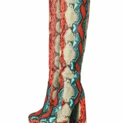 Knee-High Boots Red Round Toe Chunky Heel Snakeskin Leather Knee Length Boots