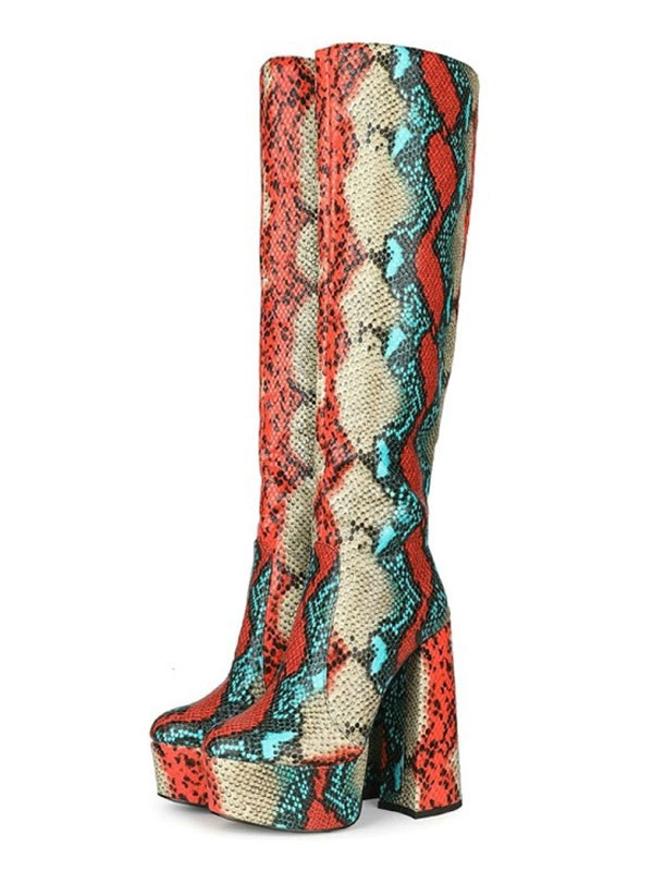 Knee-High Boots Red Round Toe Chunky Heel Snakeskin Leather Knee Length Boots 3 Knee-High Boots Red Round Toe Chunky Heel Snakeskin Leather Knee Length Boots