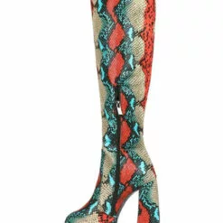 Knee-High Boots Red Round Toe Chunky Heel Snakeskin Leather Knee Length Boots 11 Knee-High Boots Red Round Toe Chunky Heel Snakeskin Leather Knee Length Boots -UK Winter Shoes Sales 2023 202008061152237534971