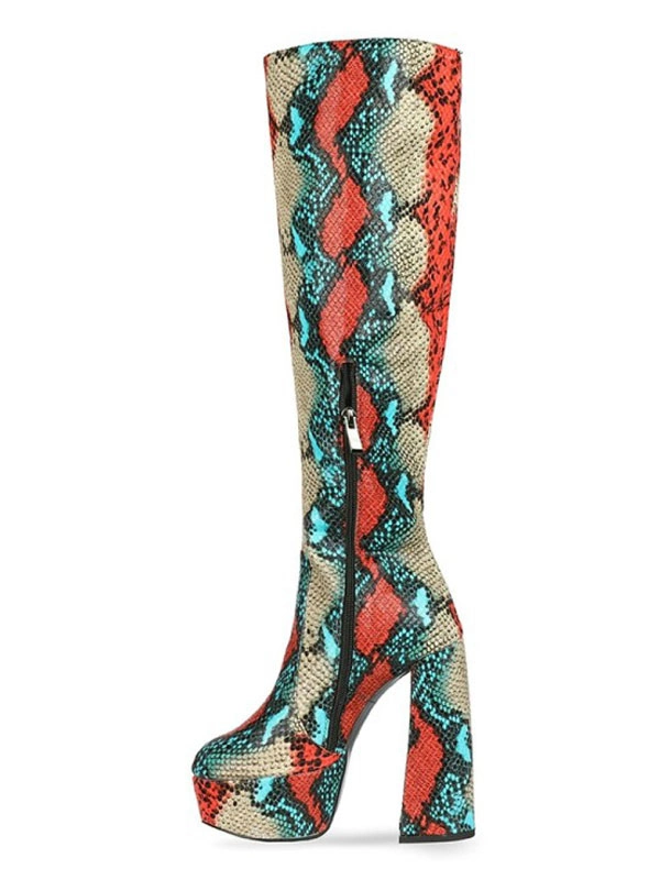 Knee-High Boots Red Round Toe Chunky Heel Snakeskin Leather Knee Length Boots 7 Knee-High Boots Red Round Toe Chunky Heel Snakeskin Leather Knee Length Boots - Image 5