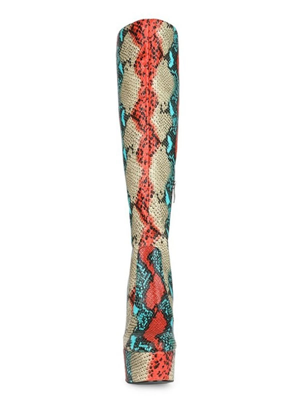 Knee-High Boots Red Round Toe Chunky Heel Snakeskin Leather Knee Length Boots 6 Knee-High Boots Red Round Toe Chunky Heel Snakeskin Leather Knee Length Boots - Image 4