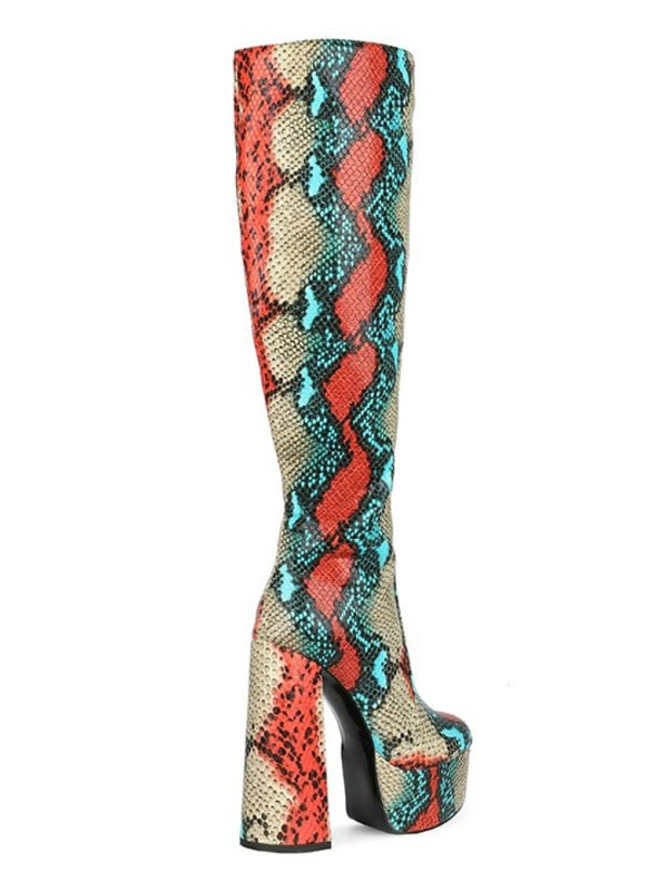 Knee-High Boots Red Round Toe Chunky Heel Snakeskin Leather Knee Length Boots 5 Knee-High Boots Red Round Toe Chunky Heel Snakeskin Leather Knee Length Boots - Image 3