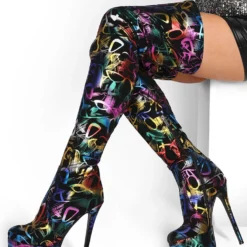 Thigh High Boots Black Platform Round Toe Printed Zip Up High Heel Over The Knee Boots
