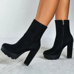 Women Ankle Boots Black Micro Suede Round Toe Chunky Heel High Heel Booties -UK Winter Shoes Sales 2023 202008111137314648640