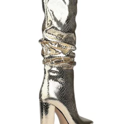 Women's Slouch Snakeskin Chunky Heel Bright Leather Knee High Boots In Blond -UK Winter Shoes Sales 2023 202008171714441059052