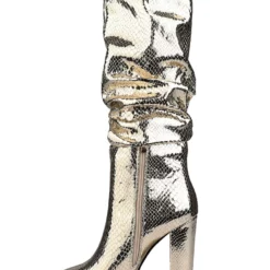 Women's Slouch Snakeskin Chunky Heel Bright Leather Knee High Boots In Blond -UK Winter Shoes Sales 2023 202008171714444849290