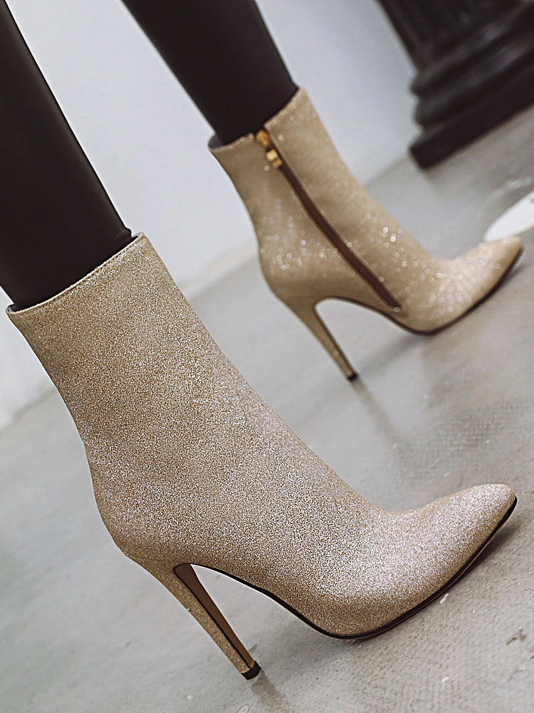 Women Ankle Boots Pink Sequined Cloth Pointed Toe Stiletto Heel High Heel Booties 6 Women Ankle Boots Pink Sequined Cloth Pointed Toe Stiletto Heel High Heel Booties - Image 4
