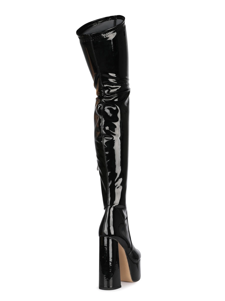 Over The Knee Boots Black Round Toe Chunky Heel High Heel Platform Bright Leather Winter Boots For Women 5 Over The Knee Boots Black Round Toe Chunky Heel High Heel Platform Bright Leather Winter Boots For Women - Image 3