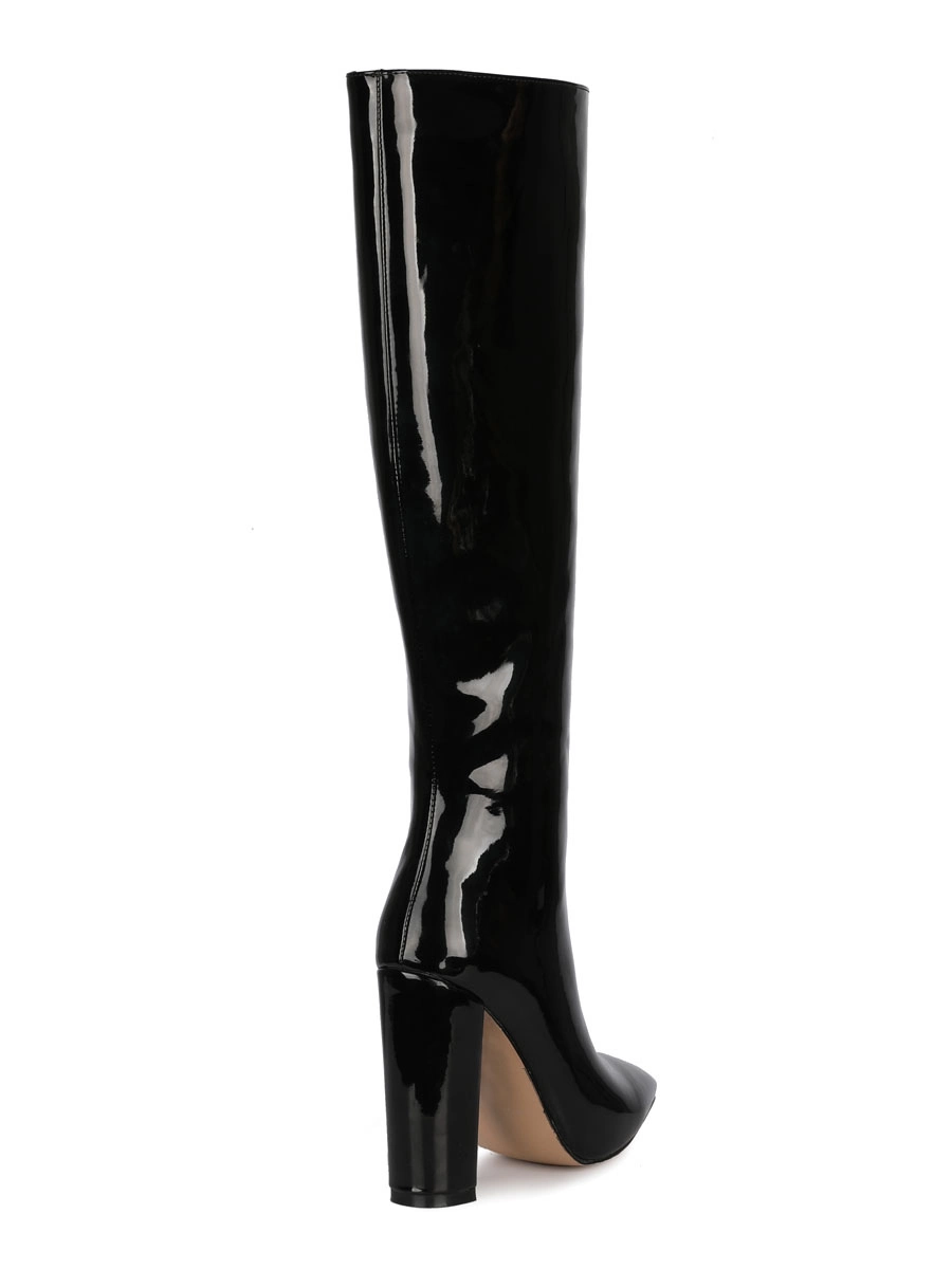 Knee-High Boots Leather Black Pointed Toe Bright Leather Chunky Heel Knee Length Boots For Women 4 Knee-High Boots Leather Black Pointed Toe Bright Leather Chunky Heel Knee Length Boots For Women - Image 2