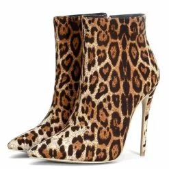Women Ankle Boots Pointed Toe Leopard Print Stiletto Heel Micro Suede Upper High Heel Booties