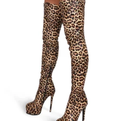 Womens Thigh High Boots Round Toe Leopard Print Stiletto Heel Winter Platform Boots For Women -UK Winter Shoes Sales 2023 202008241029264762760