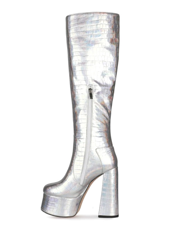 Knee-High Boots Leather Silver Round Toe Bright Leather Chunky Heel Dazzling Women Knee Length Boots 5 Knee-High Boots Leather Silver Round Toe Bright Leather Chunky Heel Dazzling Women Knee Length Boots - Image 3