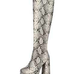 Knee-High Boots Python Round Toe Snake Print Chunky Heel Knee Length Boots For Women