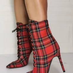 Women Ankle Boots Red Canvas Pointed Toe Stiletto Heel Sky High Houndstooth Booties -UK Winter Shoes Sales 2023 202009101201456628395