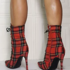 Women Ankle Boots Red Canvas Pointed Toe Stiletto Heel Sky High Houndstooth Booties -UK Winter Shoes Sales 2023 202009101201465026847
