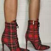 Women Ankle Boots Red Canvas Pointed Toe Stiletto Heel Sky High Houndstooth Booties -UK Winter Shoes Sales 2023 202009101201473547036