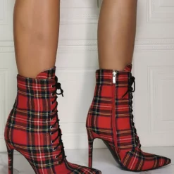 Women Ankle Boots Red Canvas Pointed Toe Stiletto Heel Sky High Houndstooth Booties